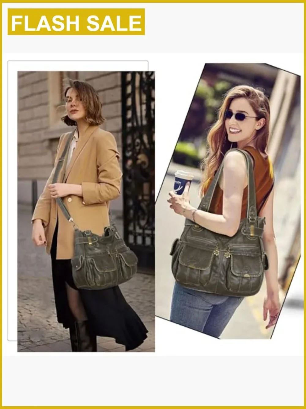 Washed PU Leather Hobo Tote Shoulder Bag Double Zipper Multi Pocket